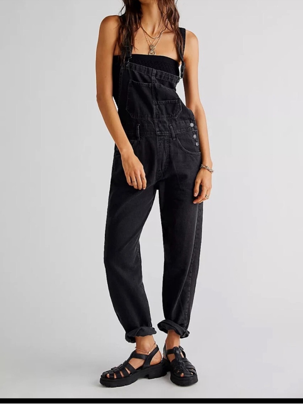 We The Free Ziggy Denim Overalls Black Distressed Straight Leg Size Small